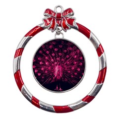 Peacock Pink Black Feather Abstract Metal Red Ribbon Round Ornament by Wav3s