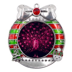 Peacock Pink Black Feather Abstract Metal X mas Ribbon With Red Crystal Round Ornament by Wav3s