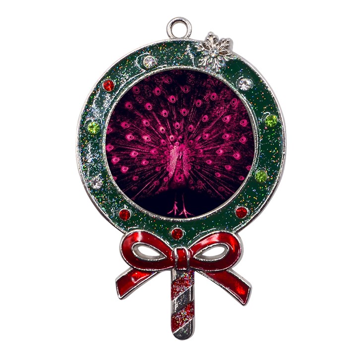 Peacock Pink Black Feather Abstract Metal X Mas Lollipop with Crystal Ornament