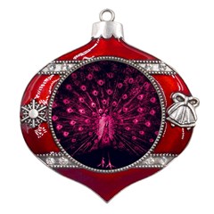 Peacock Pink Black Feather Abstract Metal Snowflake And Bell Red Ornament by Wav3s