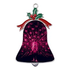 Peacock Pink Black Feather Abstract Metal Holly Leaf Bell Ornament by Wav3s