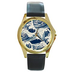 Japanese Wave Pattern Round Gold Metal Watch by Wav3s