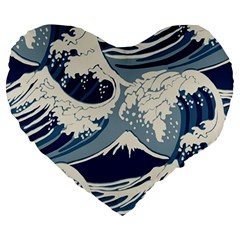 Japanese Wave Pattern Large 19  Premium Heart Shape Cushions by Wav3s