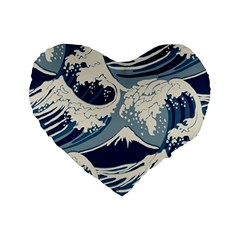 Japanese Wave Pattern Standard 16  Premium Flano Heart Shape Cushions by Wav3s