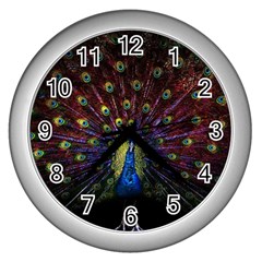 Peacock Feathers Wall Clock (silver) by Wav3s