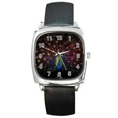 Peacock Feathers Square Metal Watch by Wav3s