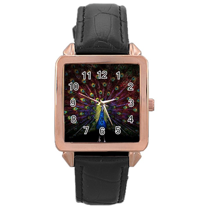 Peacock Feathers Rose Gold Leather Watch 