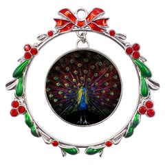 Peacock Feathers Metal X mas Wreath Ribbon Ornament by Wav3s