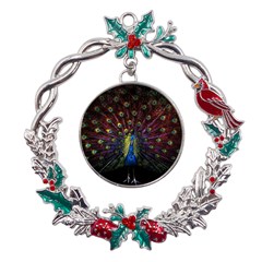 Peacock Feathers Metal X mas Wreath Holly Leaf Ornament by Wav3s