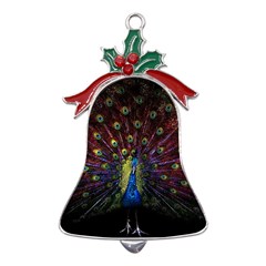 Peacock Feathers Metal Holly Leaf Bell Ornament by Wav3s