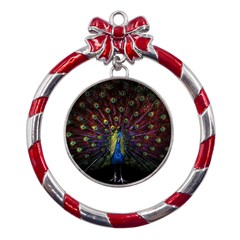 Peacock Feathers Metal Red Ribbon Round Ornament by Wav3s