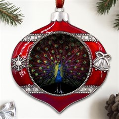 Peacock Feathers Metal Snowflake And Bell Red Ornament