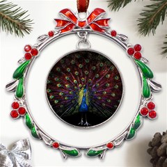 Peacock Feathers Metal X mas Wreath Ribbon Ornament by Wav3s