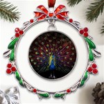 Peacock Feathers Metal X mas Wreath Ribbon Ornament Front