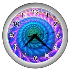 Peacock Feather Fractal Wall Clock (silver) by Wav3s