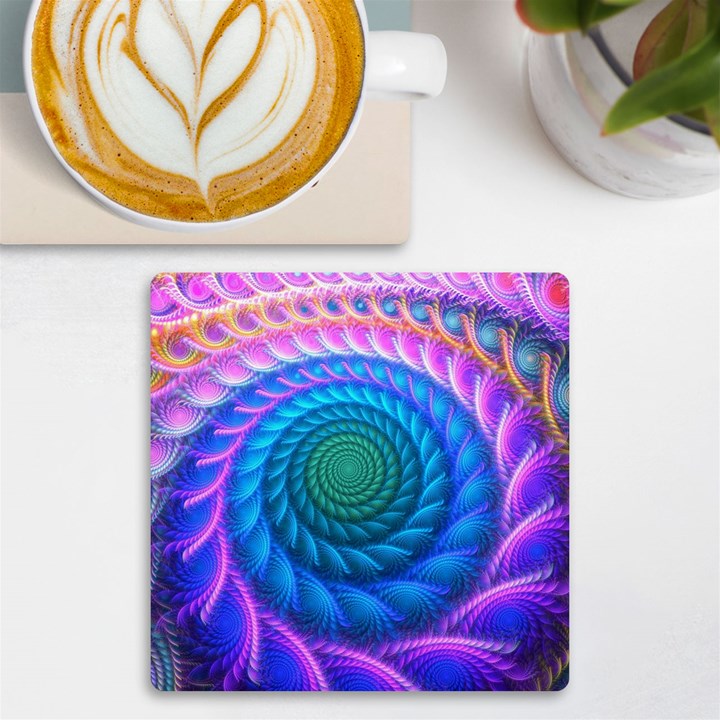 Peacock Feather Fractal UV Print Square Tile Coaster 