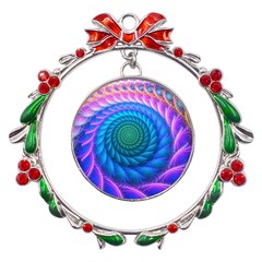 Peacock Feather Fractal Metal X mas Wreath Ribbon Ornament by Wav3s