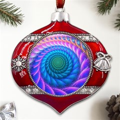 Peacock Feather Fractal Metal Snowflake And Bell Red Ornament