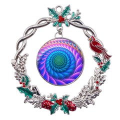 Peacock Feather Fractal Metal X mas Wreath Holly Leaf Ornament by Wav3s