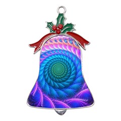 Peacock Feather Fractal Metal Holly Leaf Bell Ornament by Wav3s