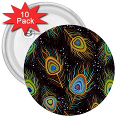 Pattern Feather Peacock 3  Buttons (10 Pack)  by Wav3s