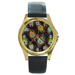 Pattern Feather Peacock Round Gold Metal Watch by Wav3s