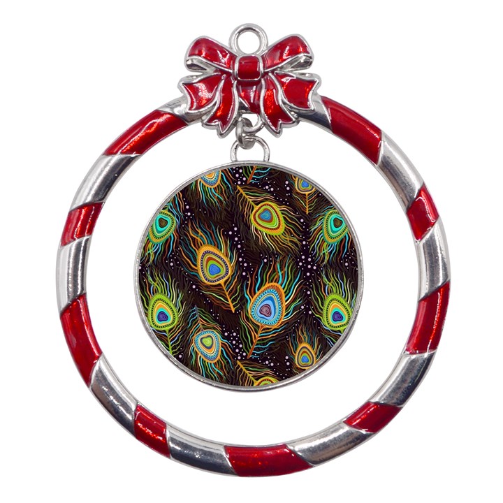 Pattern Feather Peacock Metal Red Ribbon Round Ornament