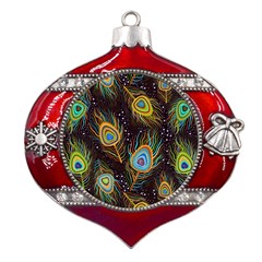 Pattern Feather Peacock Metal Snowflake And Bell Red Ornament