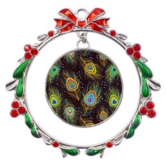 Pattern Feather Peacock Metal X mas Wreath Ribbon Ornament by Wav3s