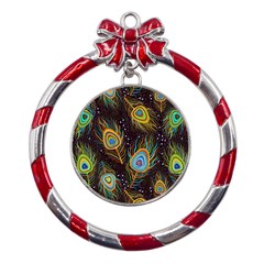 Pattern Feather Peacock Metal Red Ribbon Round Ornament by Wav3s