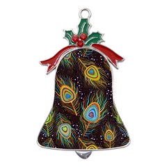 Pattern Feather Peacock Metal Holly Leaf Bell Ornament by Wav3s