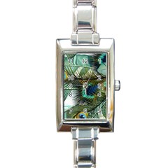 Peacock Feathers Blue Green Texture Rectangle Italian Charm Watch by Wav3s