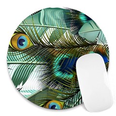 Peacock Feathers Blue Green Texture Round Mousepad by Wav3s