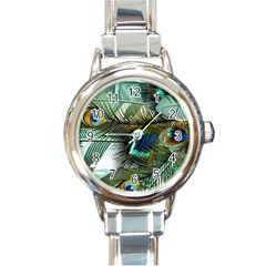 Peacock Feathers Blue Green Texture Round Italian Charm Watch by Wav3s