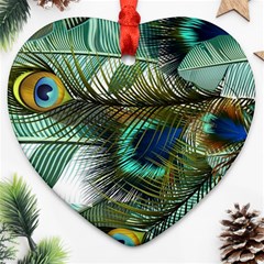 Peacock Feathers Blue Green Texture Ornament (heart)