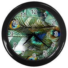 Peacock Feathers Blue Green Texture Wall Clock (black) by Wav3s