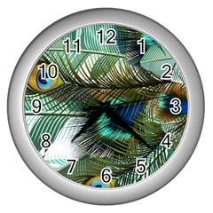 Peacock Feathers Blue Green Texture Wall Clock (silver) by Wav3s