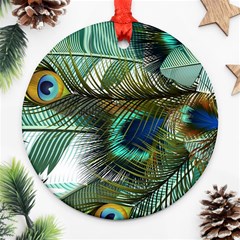 Peacock Feathers Blue Green Texture Round Ornament (two Sides)