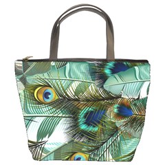 Peacock Feathers Blue Green Texture Bucket Bag by Wav3s