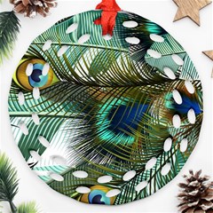 Peacock Feathers Blue Green Texture Round Filigree Ornament (two Sides) by Wav3s