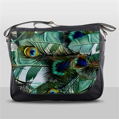 Peacock Feathers Blue Green Texture Messenger Bag by Wav3s