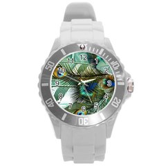 Peacock Feathers Blue Green Texture Round Plastic Sport Watch (l)