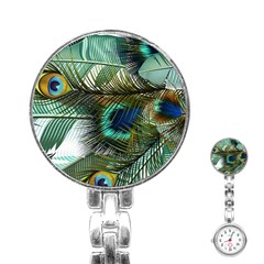 Peacock Feathers Blue Green Texture Stainless Steel Nurses Watch by Wav3s