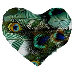 Peacock Feathers Blue Green Texture Large 19  Premium Flano Heart Shape Cushions by Wav3s