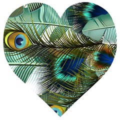 Peacock Feathers Blue Green Texture Wooden Puzzle Heart by Wav3s