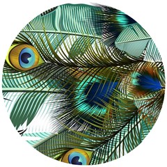 Peacock Feathers Blue Green Texture Wooden Puzzle Round by Wav3s