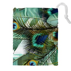 Peacock Feathers Blue Green Texture Drawstring Pouch (5xl) by Wav3s