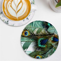 Peacock Feathers Blue Green Texture Uv Print Round Tile Coaster by Wav3s