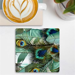 Peacock Feathers Blue Green Texture Uv Print Square Tile Coaster  by Wav3s