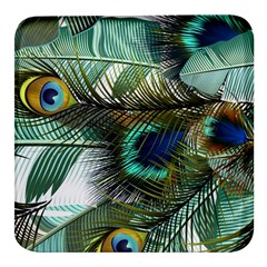 Peacock Feathers Blue Green Texture Square Glass Fridge Magnet (4 Pack) by Wav3s